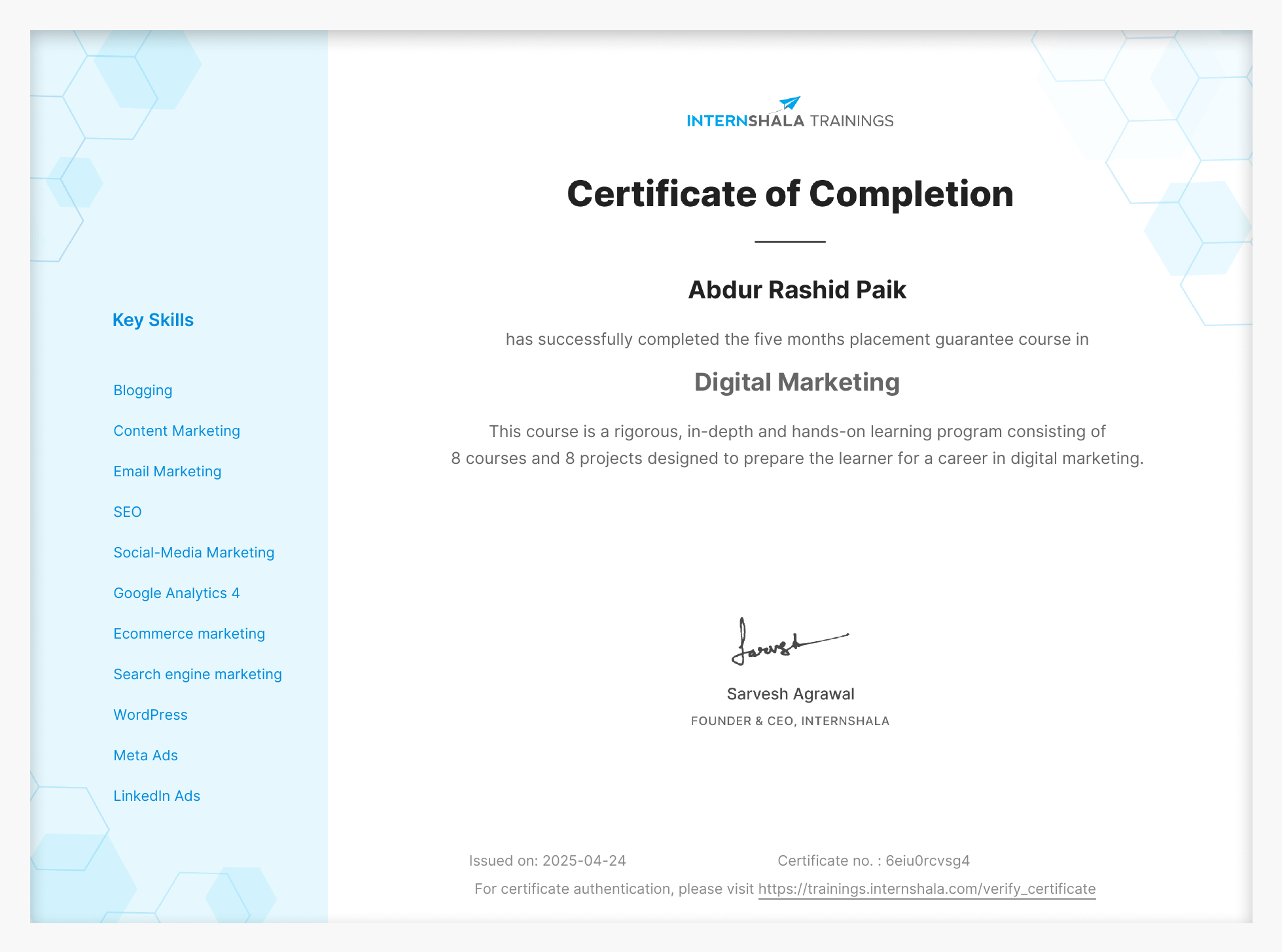 Digital Marketing Certificate of Completion - Internshala