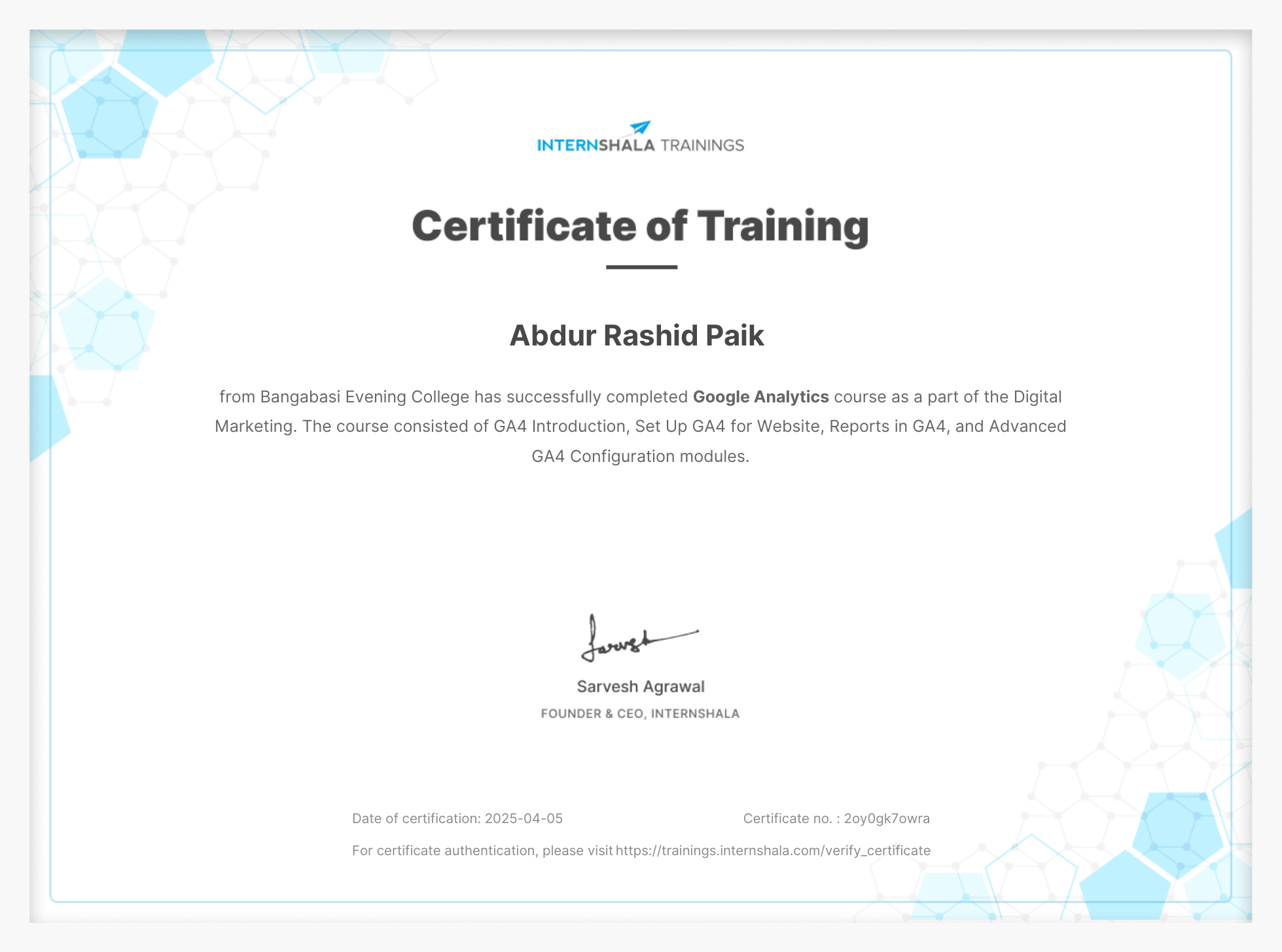 Google Analytics GA4 Certificate - Internshala