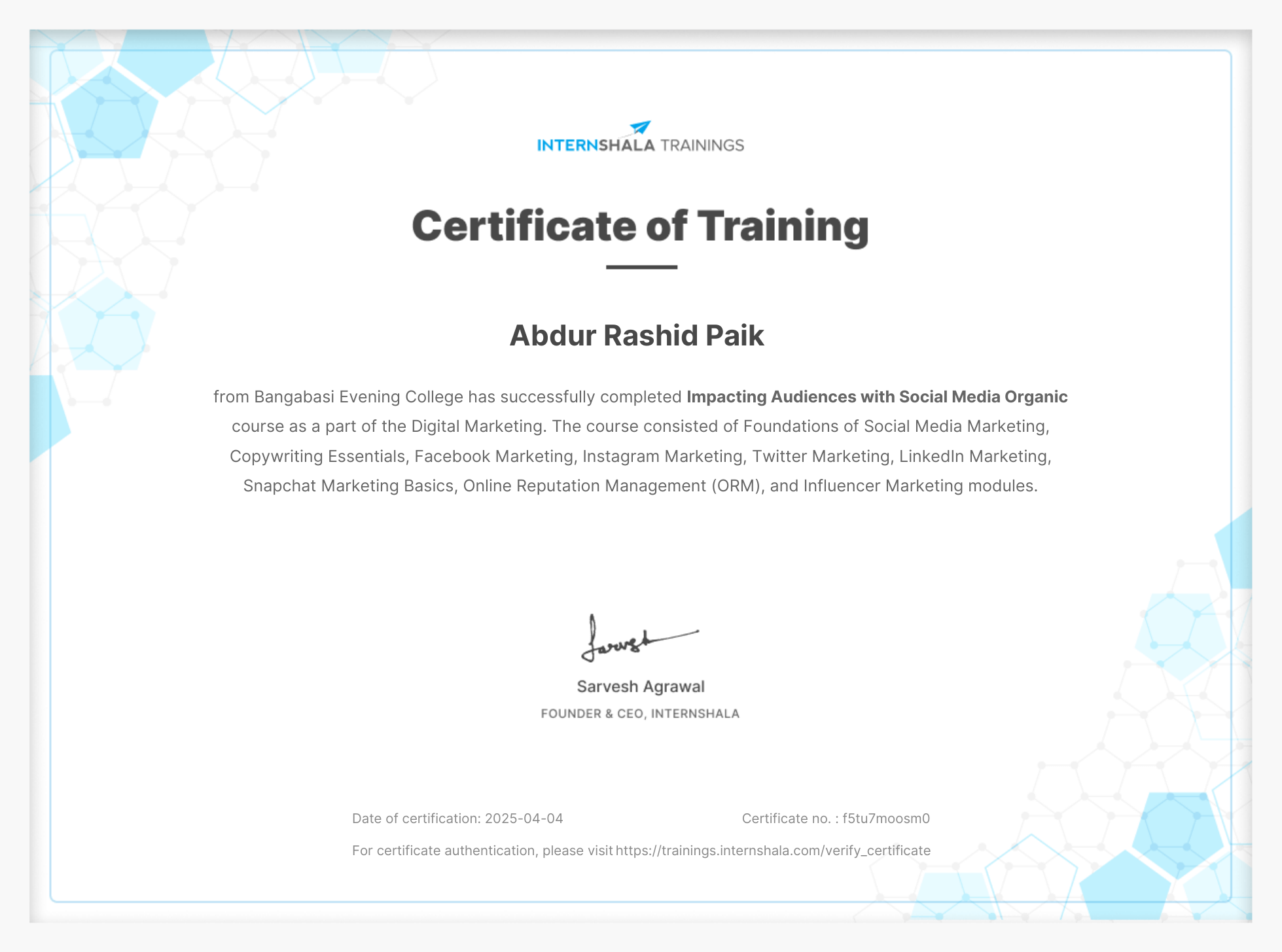 Social Media Organic Marketing Certificate - Internshala