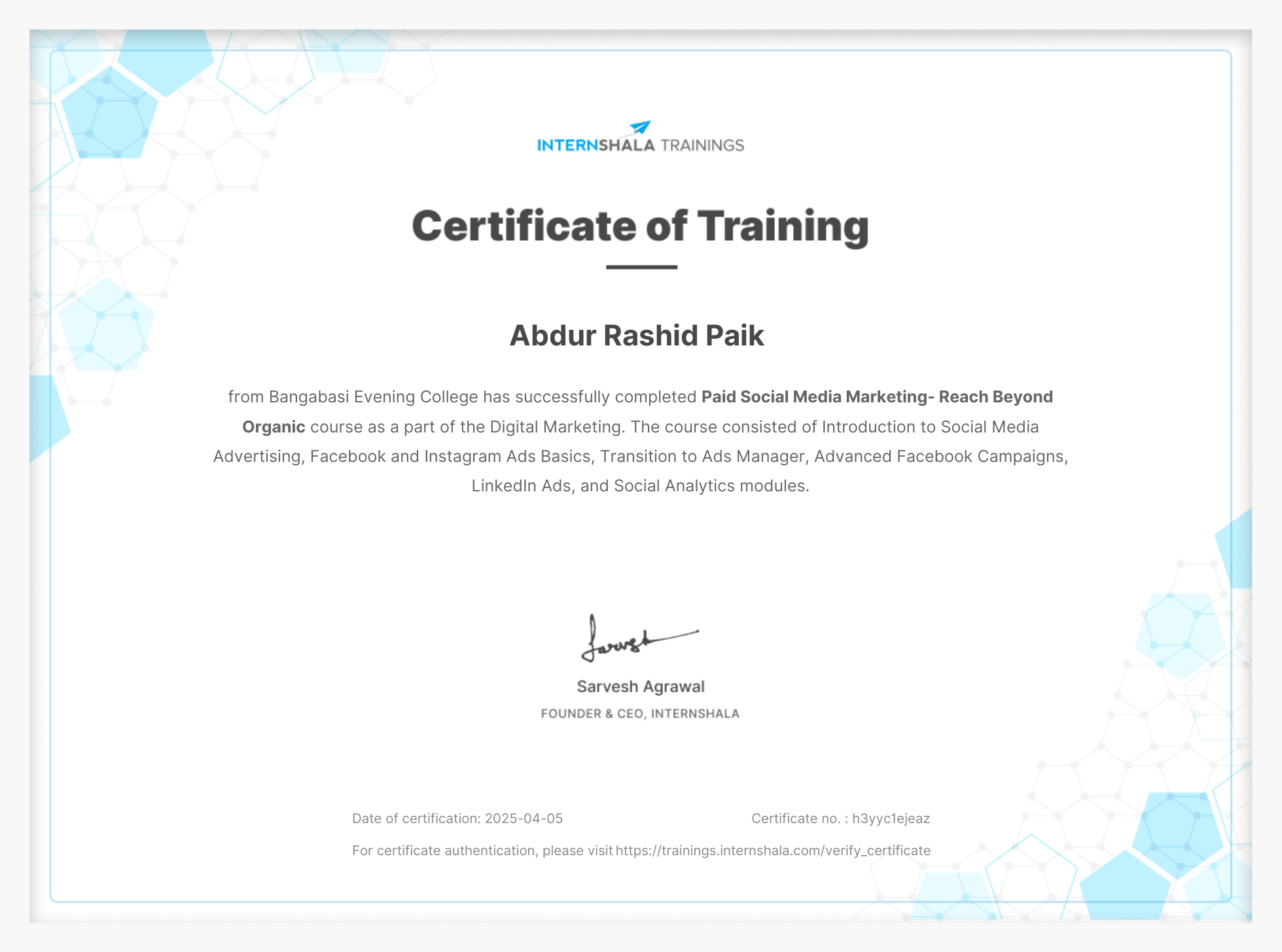 Paid Social Media Marketing Certificate - Internshala